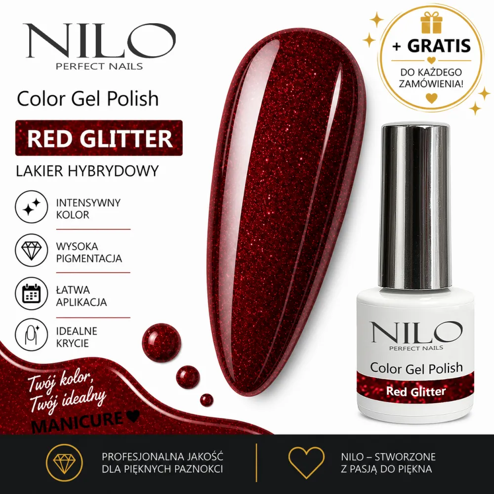 Lakier Hybrydowy Red Glitter – NILO no.84